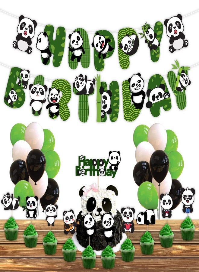 Festiko® Cute Cartoon Panda Birthday Decoration Supplies (37 Pcs), Children & Girl Birthday Party Decoration Full Set: Banner, Cake Topper, Cup Cake Topper & Balloons, Black and White, Animal Print - Image 1